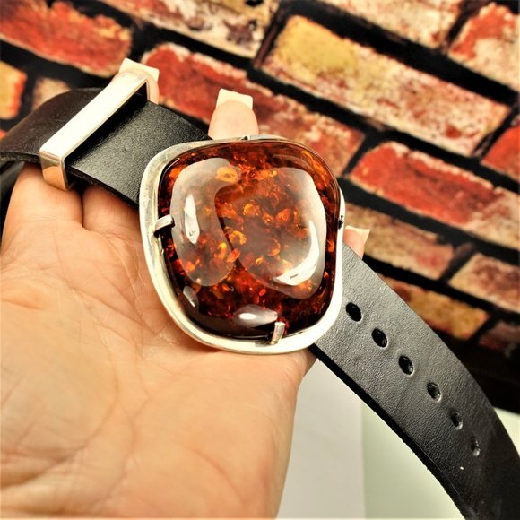 SUPER HUGE AMBER STERLING LEATHER RARE BRACELET 9 BY AMBERMODA UNISEX - Picture 3 of 16